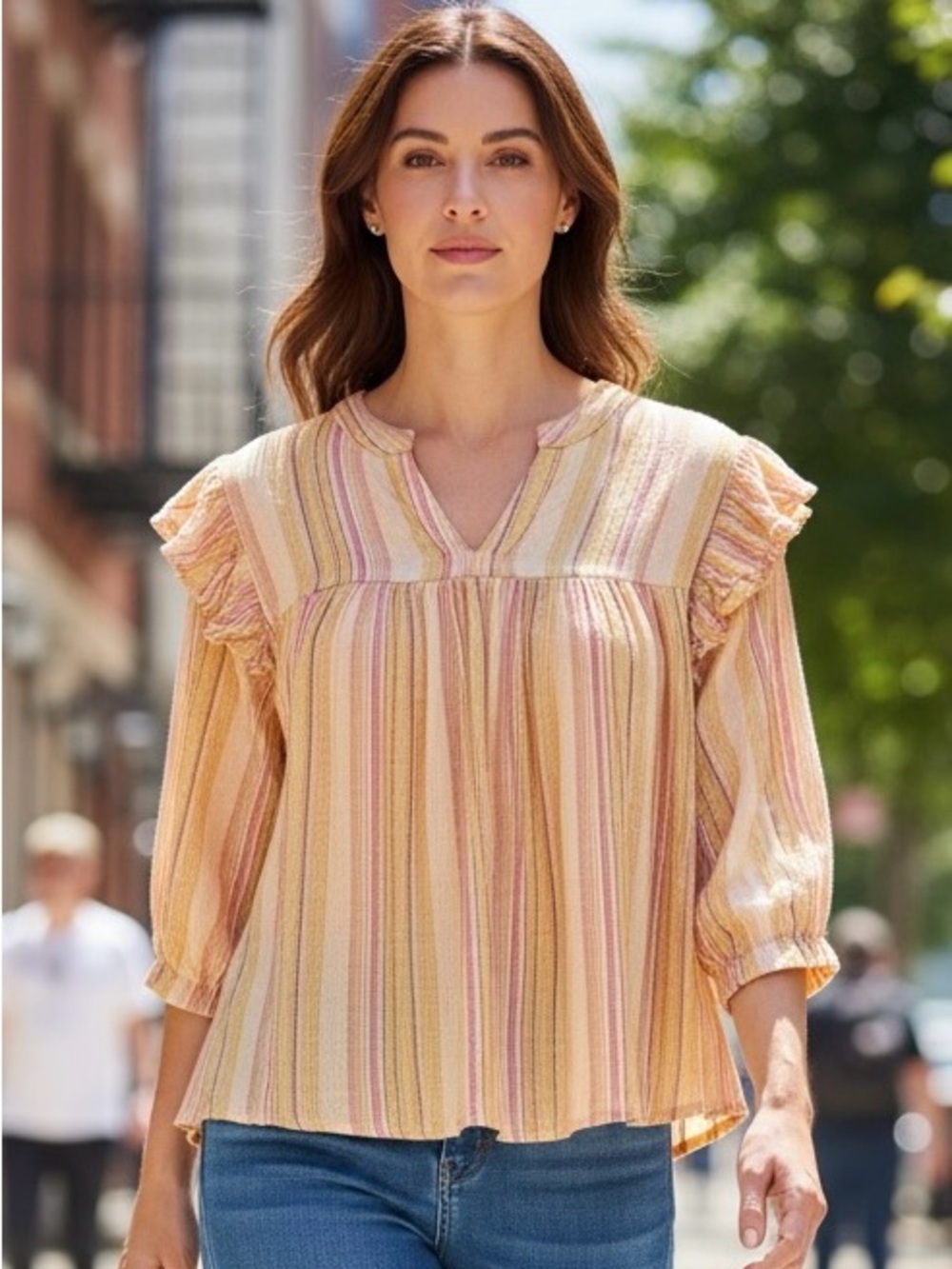 dRA Los Angeles Striped Ruffle Sleeve Cotton Boho Blouse Top Small